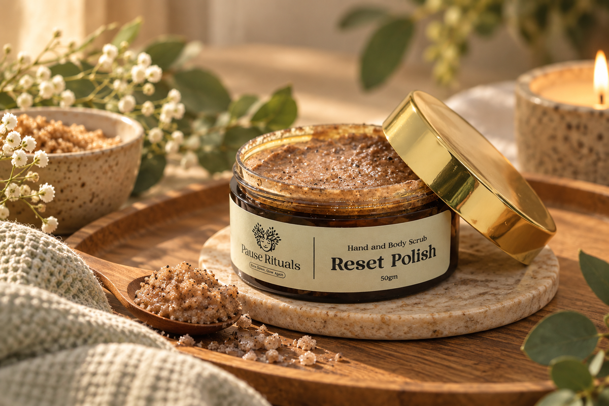 Reset Polish scrub, open jar showing texture