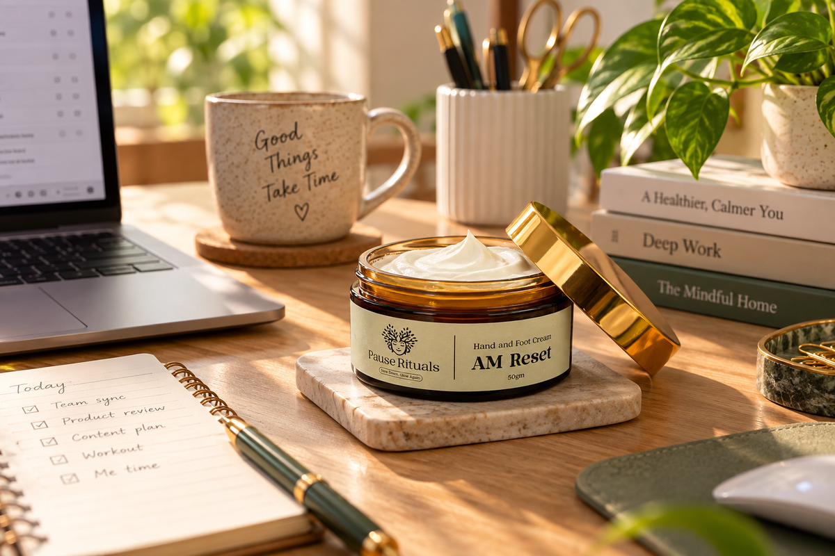 AM Reset hand and foot cream, open jar showing the cream
