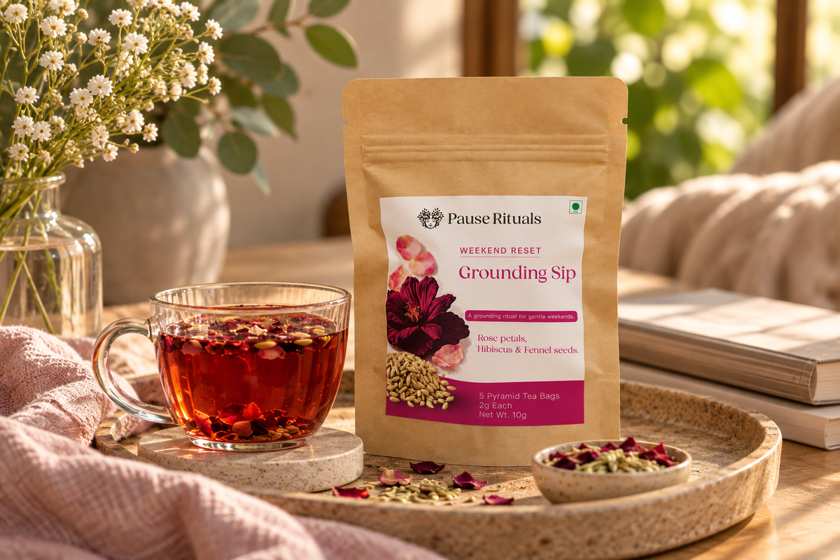 Grounding Sip tea pouch, back of pack with ritual steps