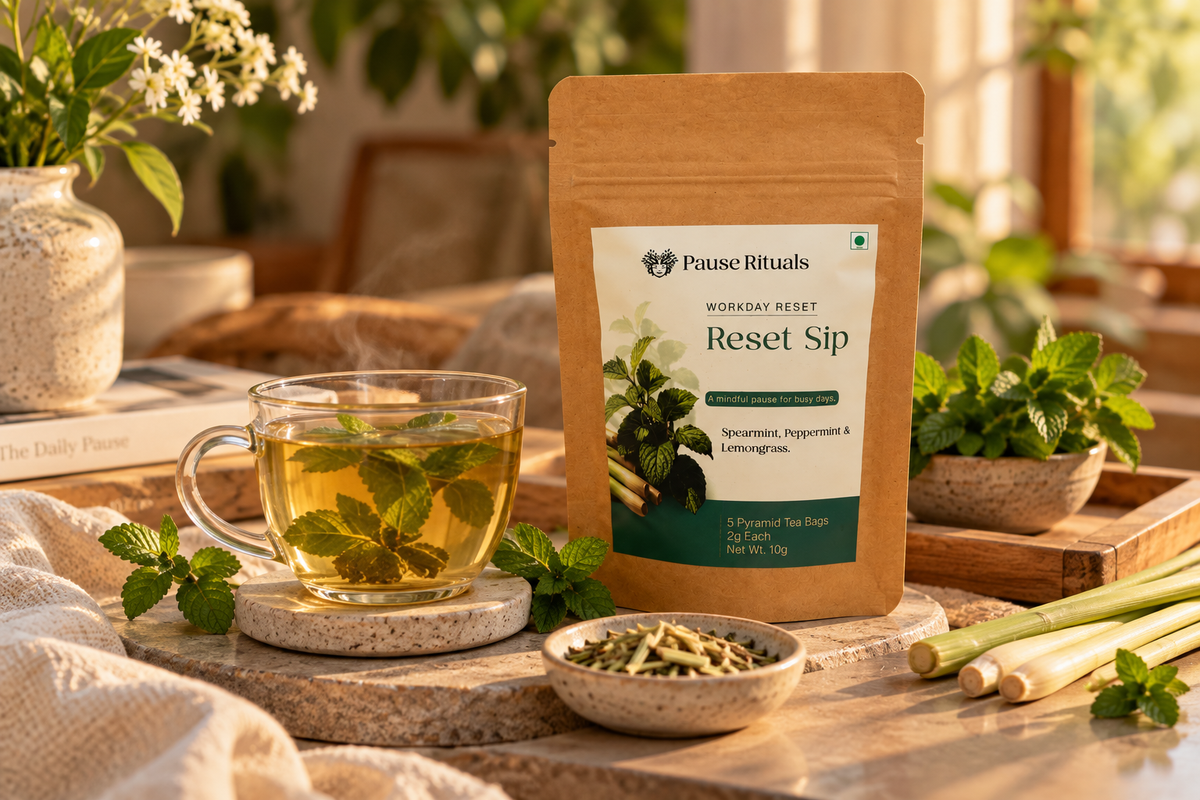 Reset Sip tea pouch, back of pack with ritual steps