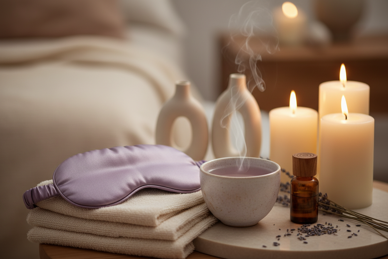 Create a cozy, warm, night-time self-care banner with lavender tones, soft candlelight, silk eye mask, herbal tea, essential oil bottle, and minimal ceramic décor. Mood: calming, soothing, bedtime ritual. No actual branded items. No text.
